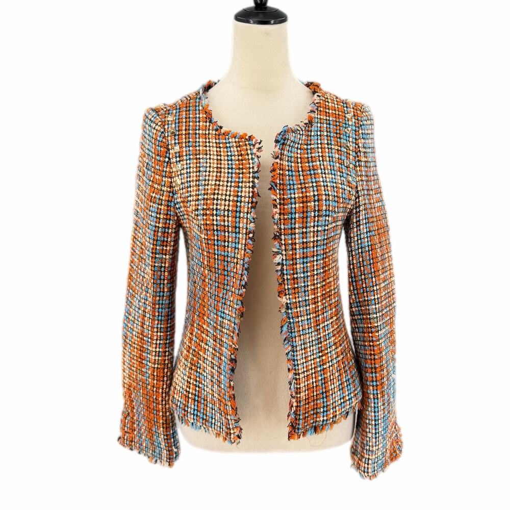 Akira Chicago Multi Color Orange Fringe Tweed Studded Plazacore Blazer Jacket